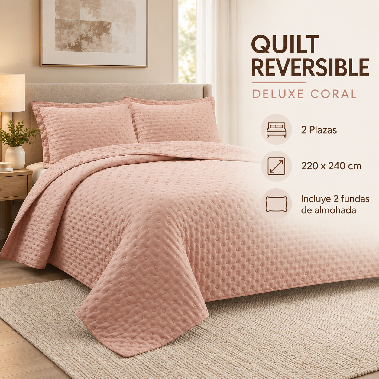 Cubrecama Verano Quilt Deluxe Queen 220x240 Cm Reversible 2 Fundas Coral-4