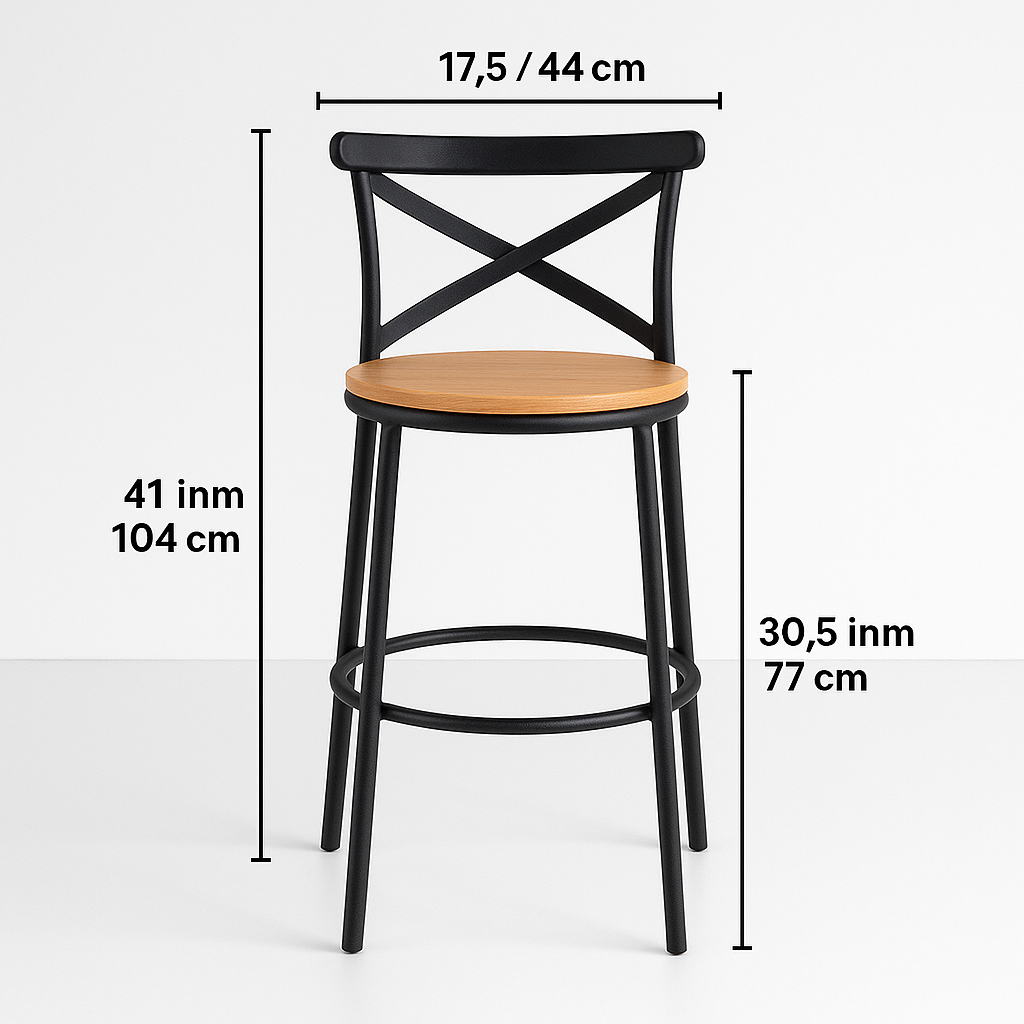 Banqueta Alta Negra para Barra 77 cm con Asiento de Madera Estilo Industrial-2