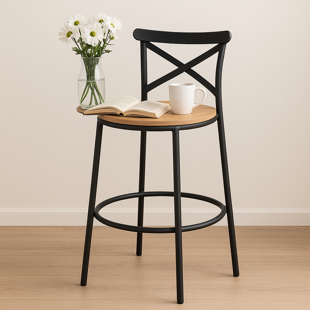 Banqueta Alta Negra para Barra 77 cm con Asiento de Madera Estilo Industrial-3