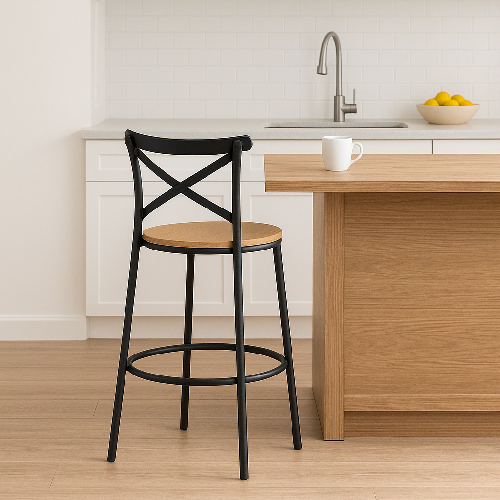 Banqueta Alta Negra para Barra 77 cm con Asiento de Madera Estilo Industrial-6