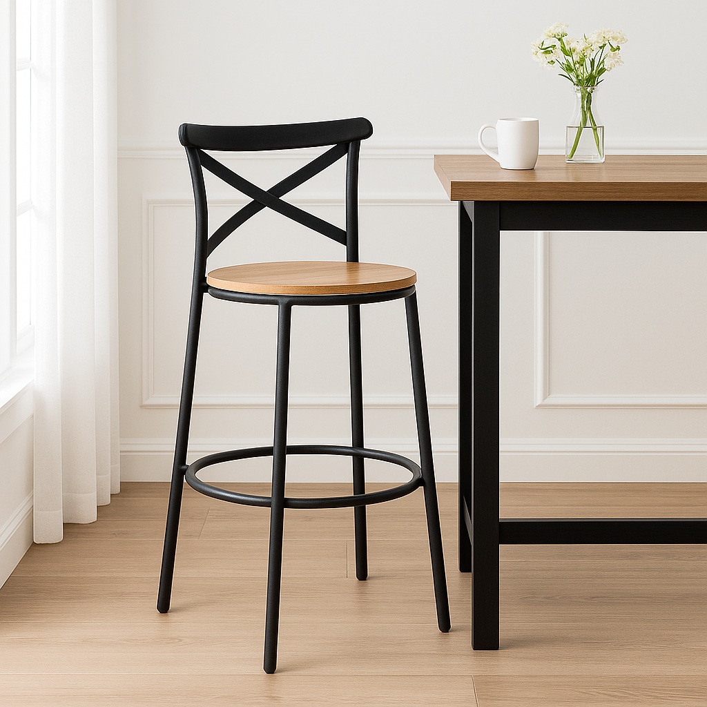 Banqueta Alta Negra para Barra 77 cm con Asiento de Madera Estilo Industrial-7