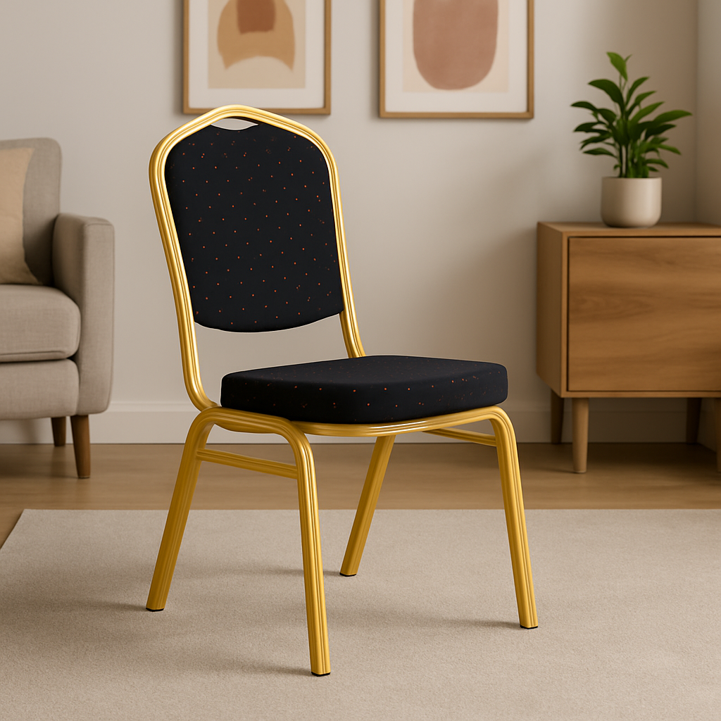 Silla Negra para Conferencia y Eventos con Estructura Dorada Apilable y Liviana-2