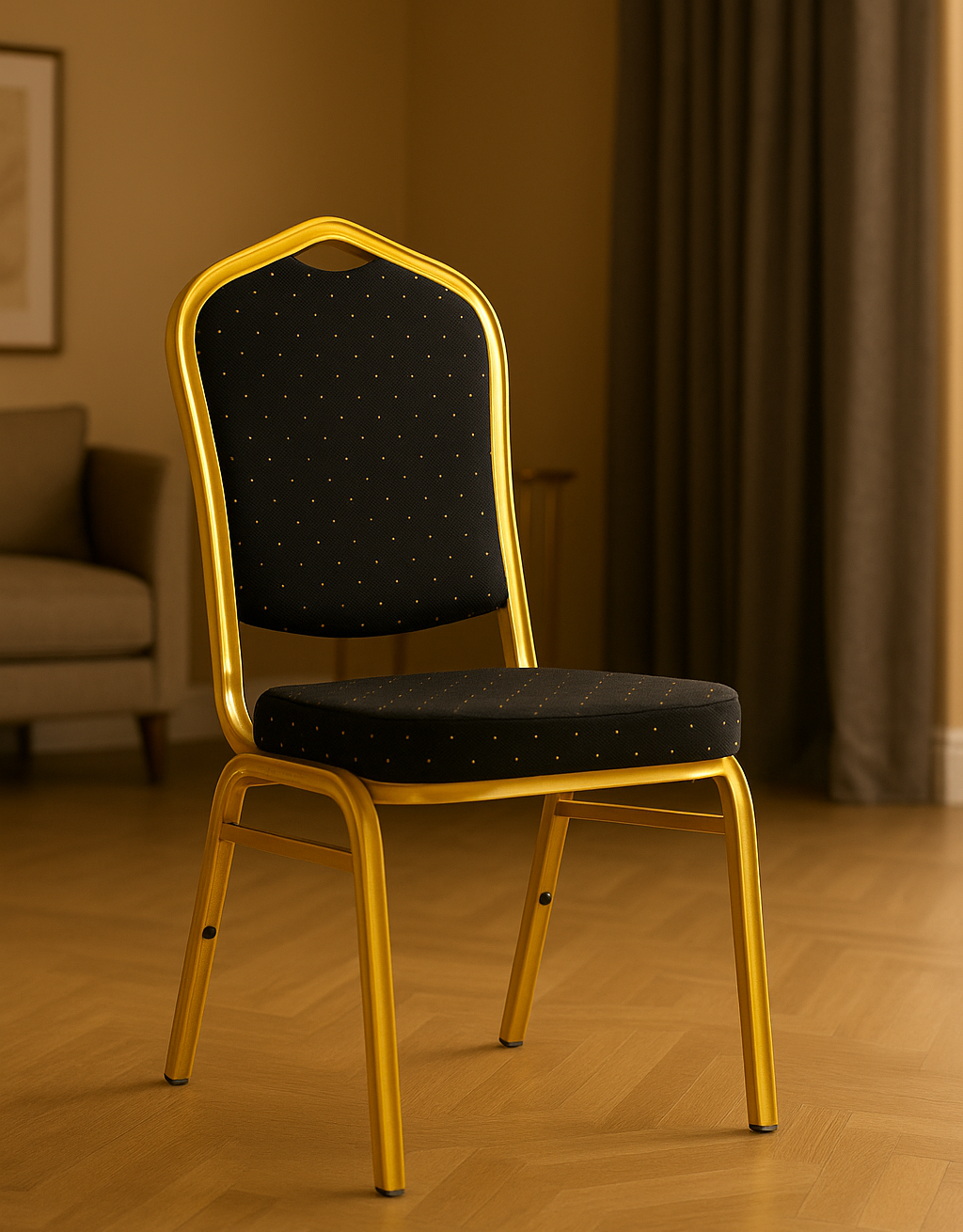 Silla Negra para Conferencia y Eventos con Estructura Dorada Apilable y Liviana-3