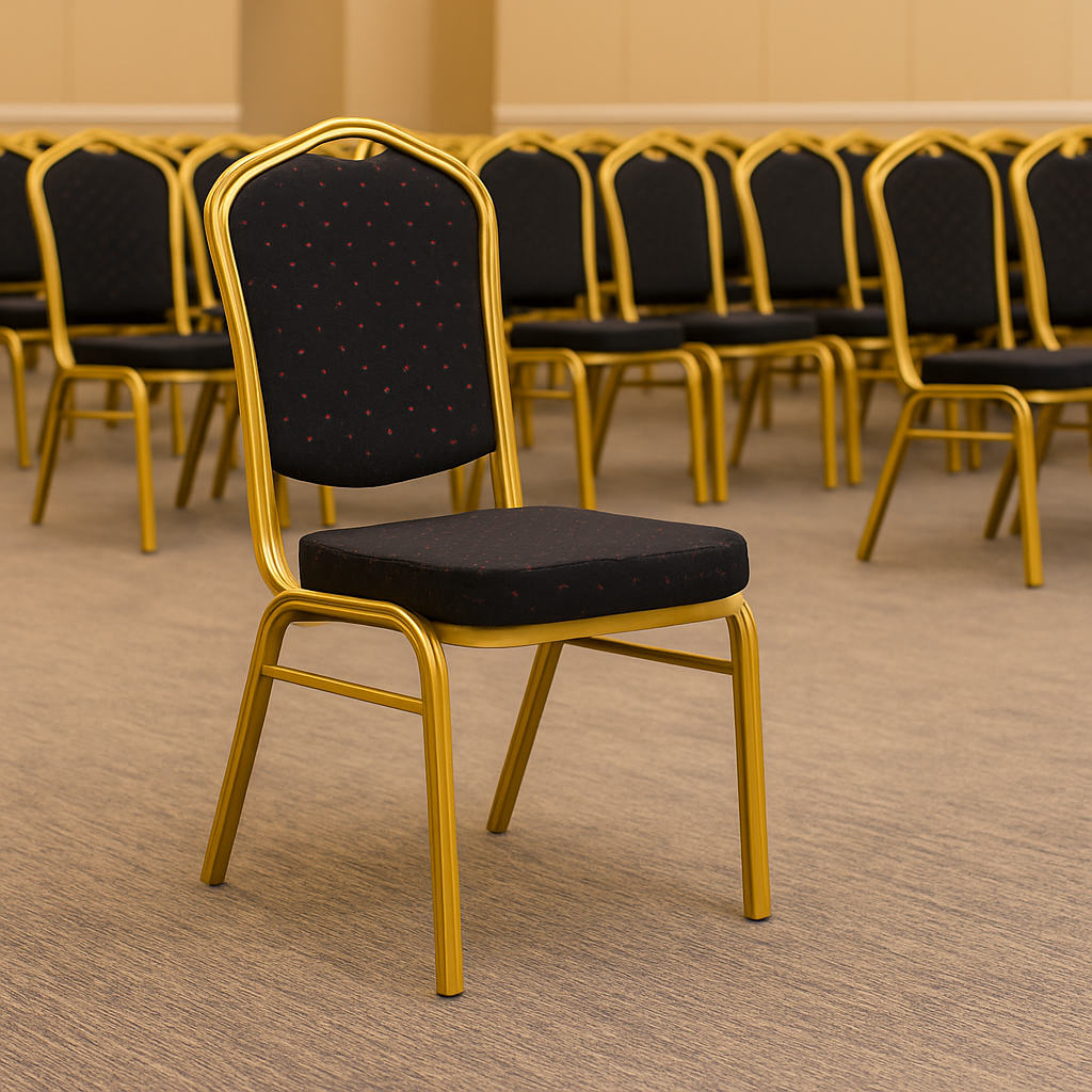 Silla Negra para Conferencia y Eventos con Estructura Dorada Apilable y Liviana-4