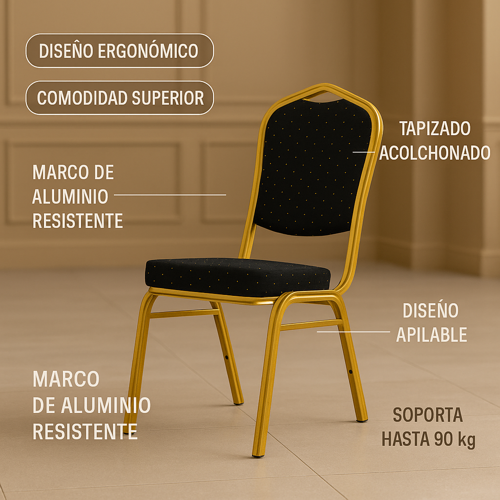 Silla Negra para Conferencia y Eventos con Estructura Dorada Apilable y Liviana-5