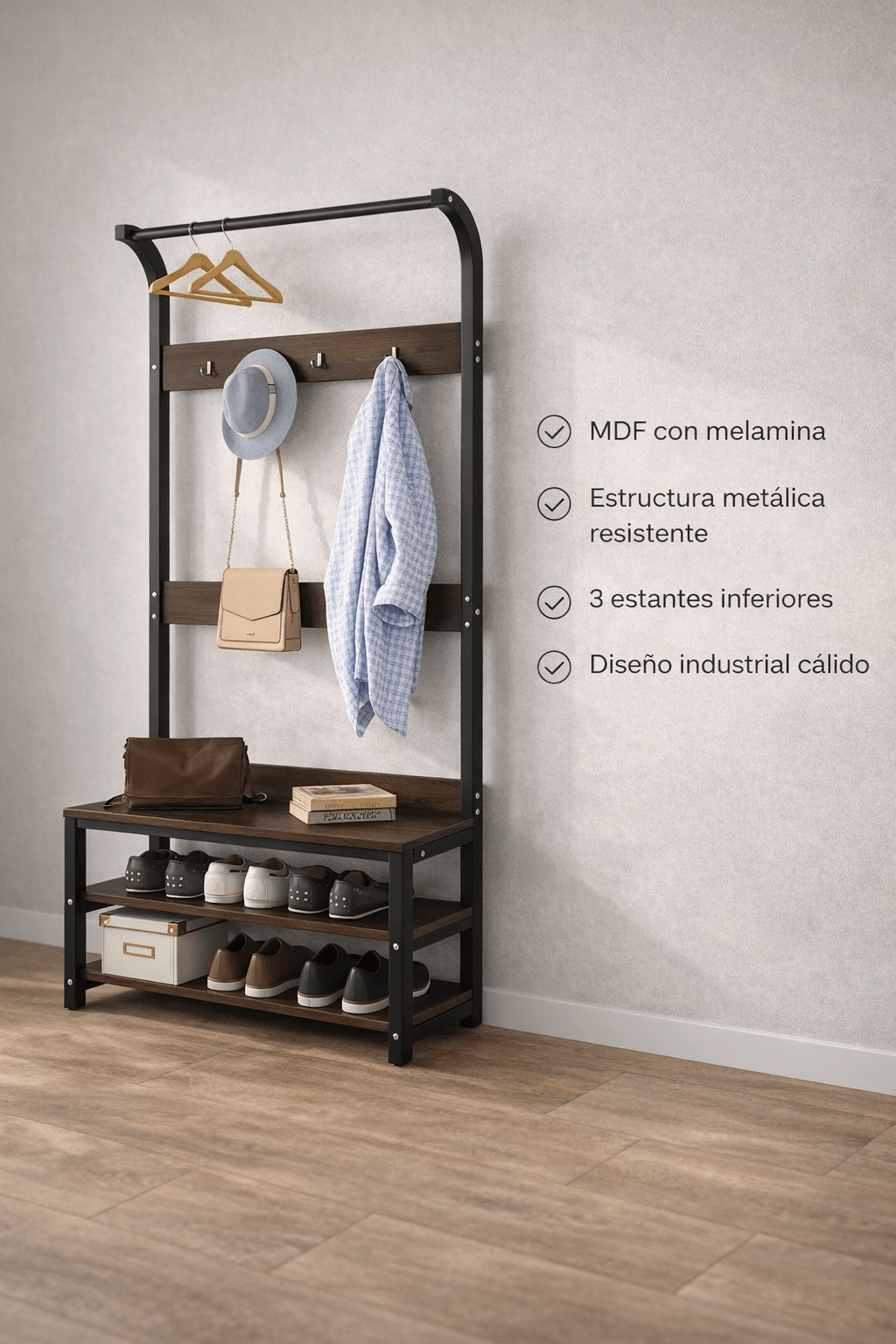 Perchero Recibidor Lumen Industrial 80x30x170 cm Madera Caoba-6