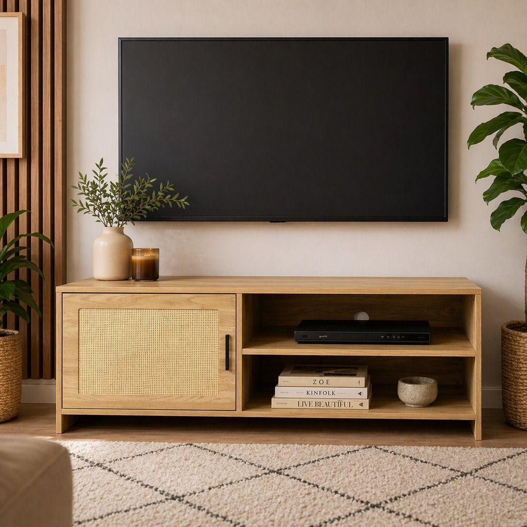 Rack De Tv Madera Natural Con Puerta Rattan 120 Cm-3