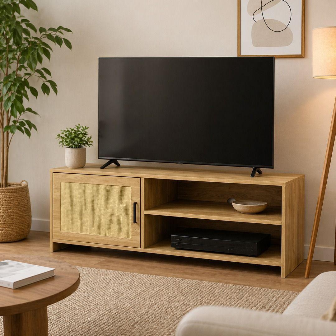 Rack De Tv Madera Natural Con Puerta Rattan 120 Cm-4
