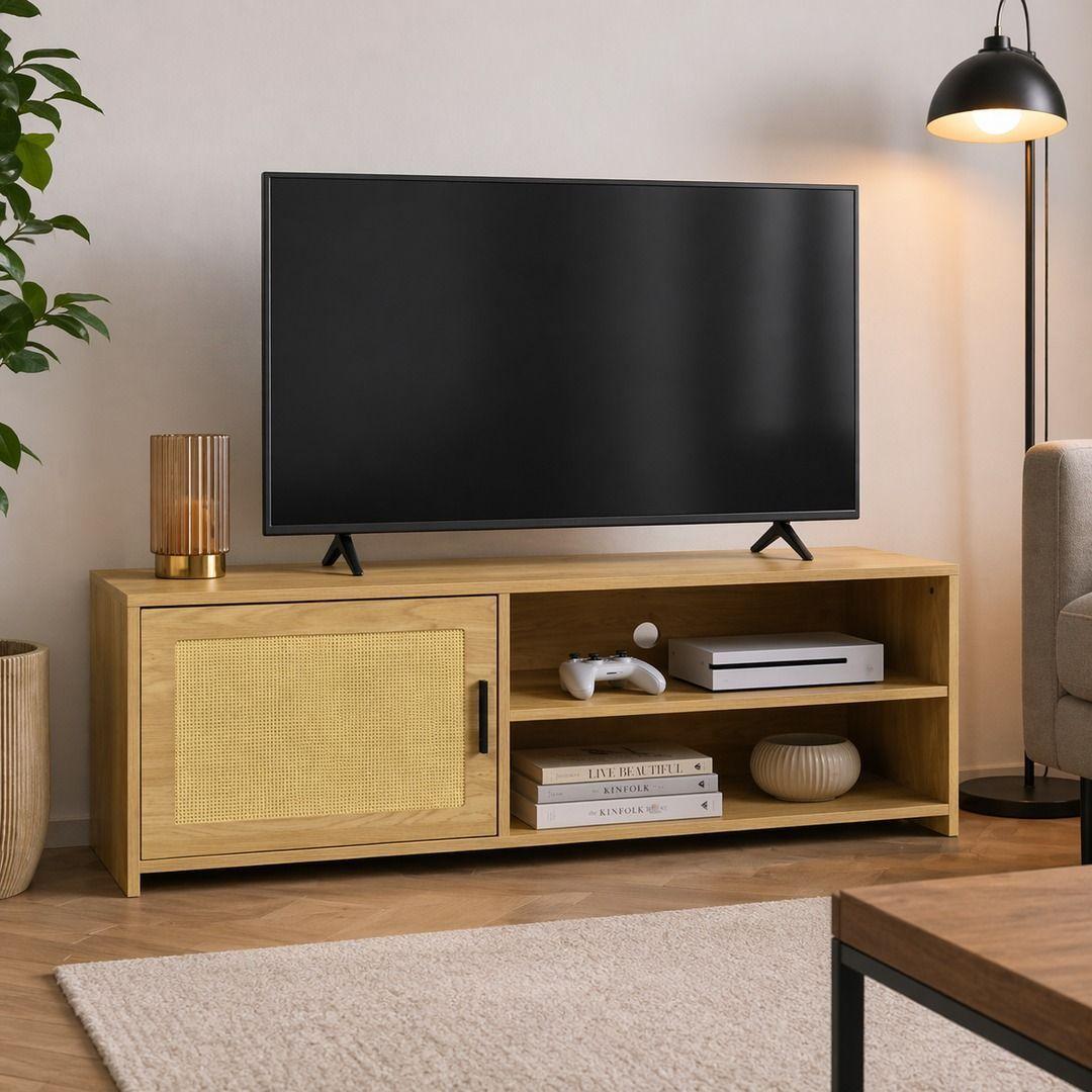 Rack De Tv Madera Natural Con Puerta Rattan 120 Cm-5