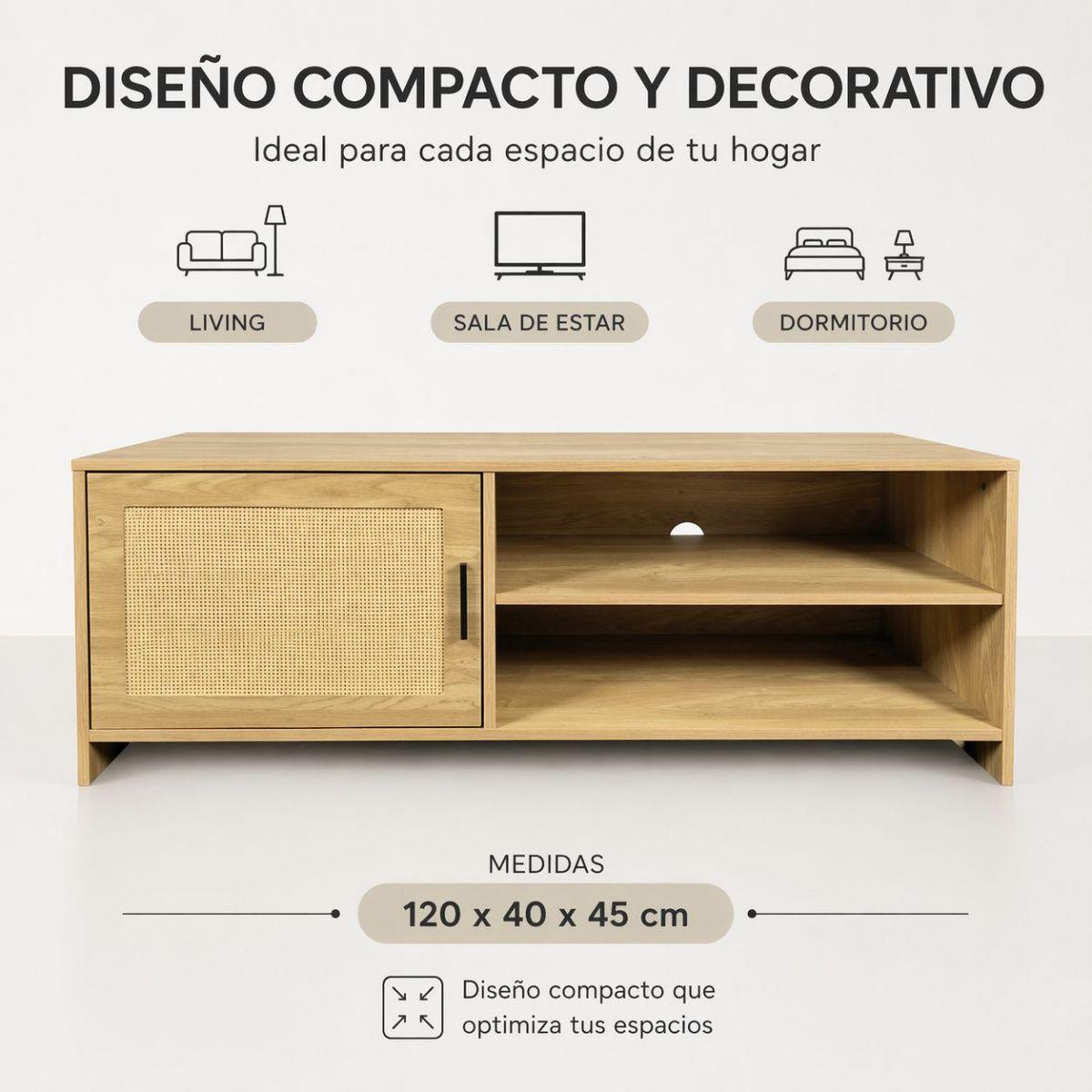 Rack De Tv Madera Natural Con Puerta Rattan 120 Cm-6