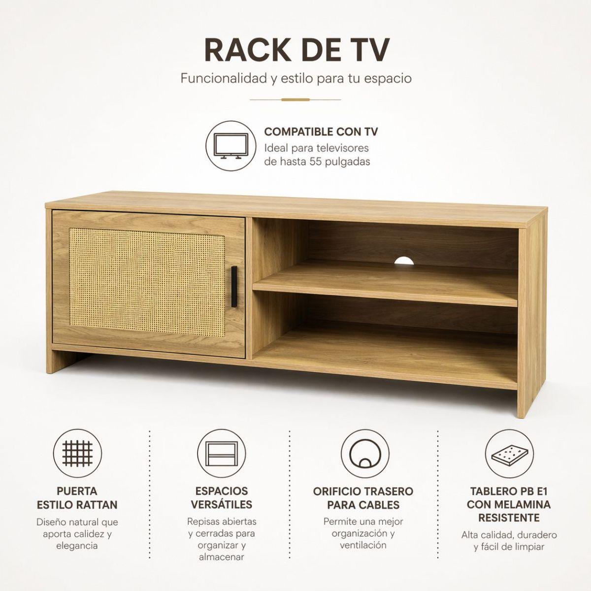 Rack De Tv Madera Natural Con Puerta Rattan 120 Cm-7