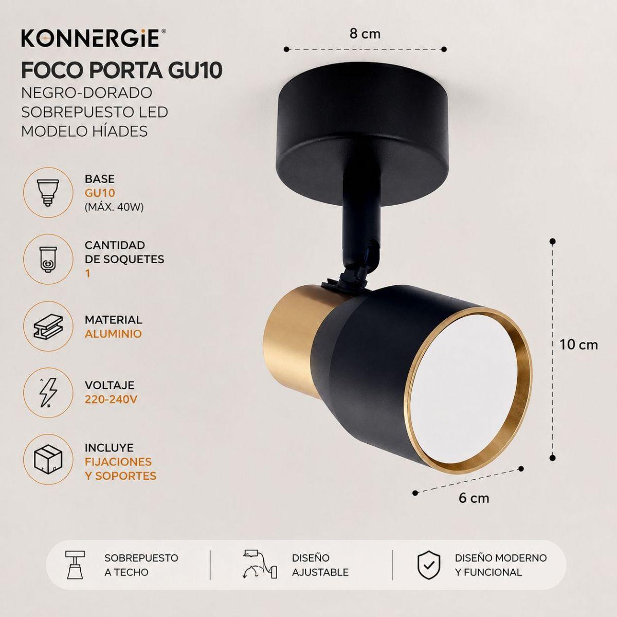 Foco Porta GU10 Negro Dorado Sobrepuesto Híades Konnergie-9