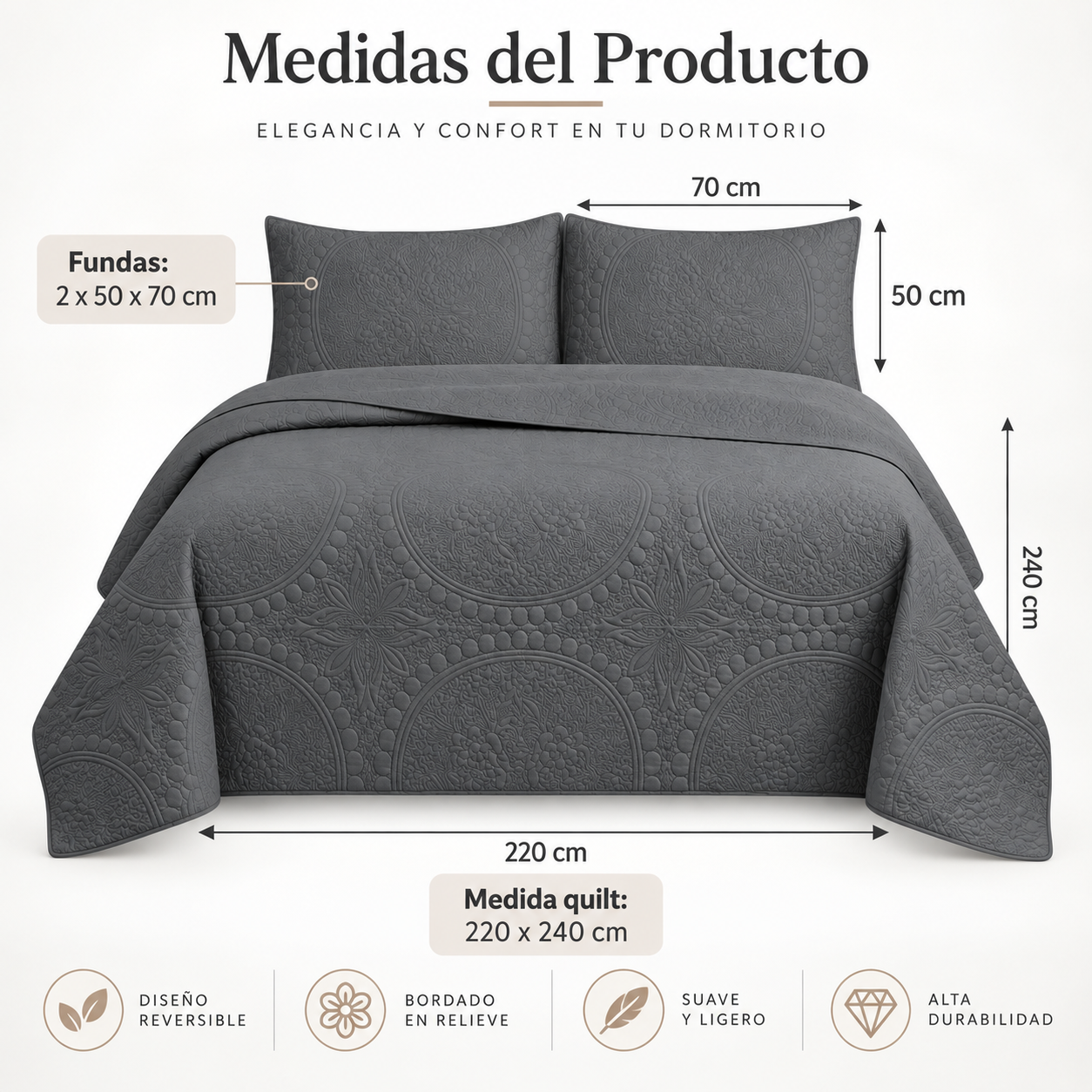 Cubrecama Verano Quilt Wonder Queen 220x240 Cm Reversible 2 Fundas Gris-2