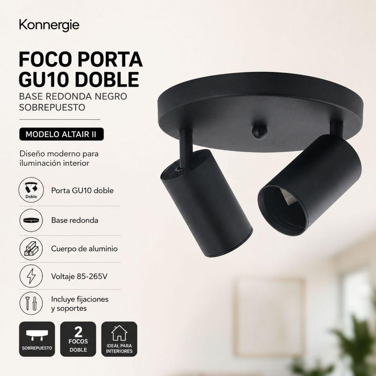 Foco Porta GU10 Doble Base Redonda Negro Sobrepuesto Altair II de Aluminio-5
