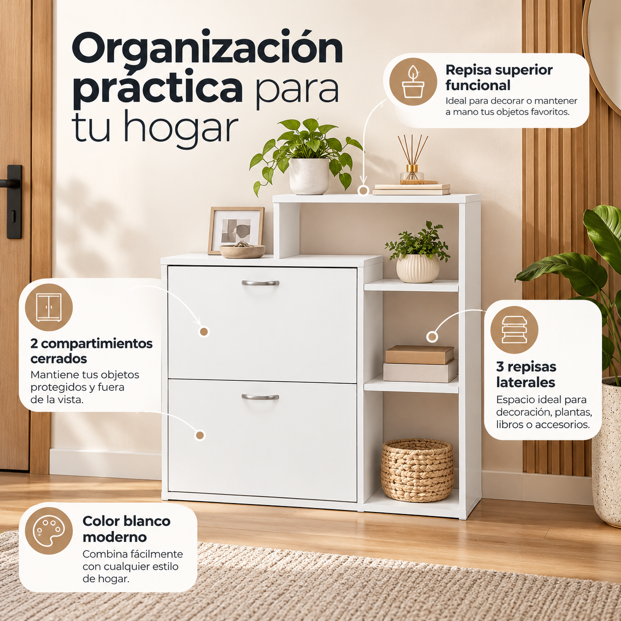 Mueble Zapatero Velux Blanco con Repisa Lateral 86,5 x 24 x 90 cm-6