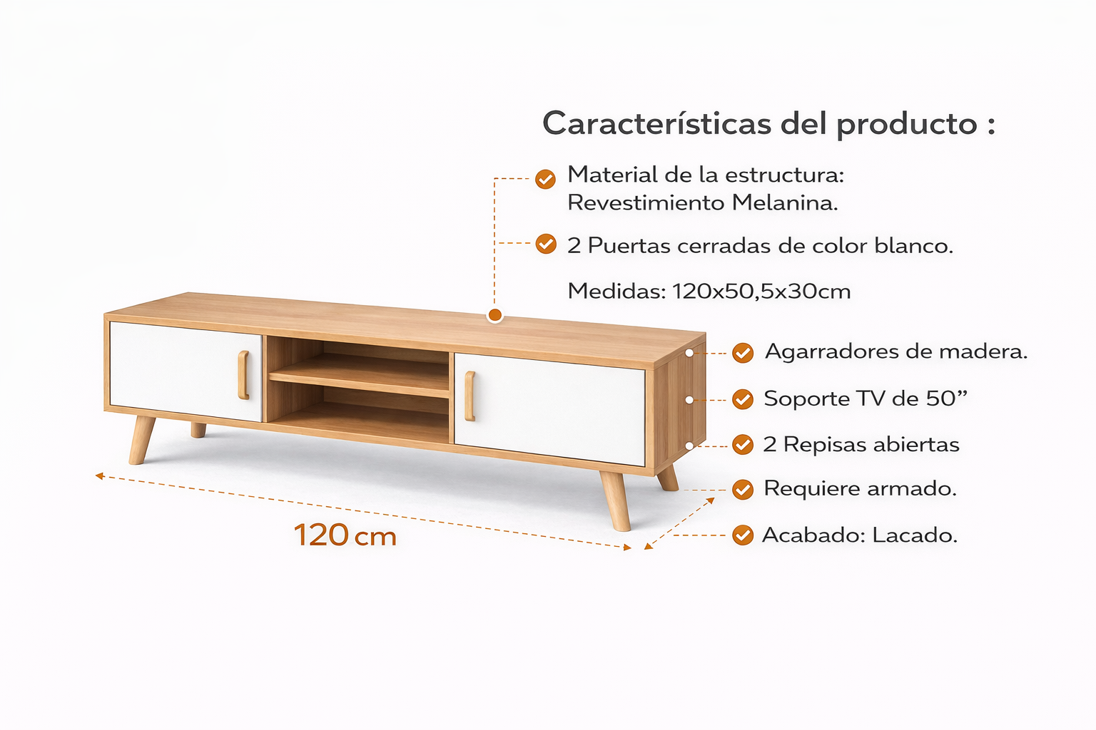 Rack TV Nórdico Blanco Madera 120 cm para TV 50” 120 cm-4