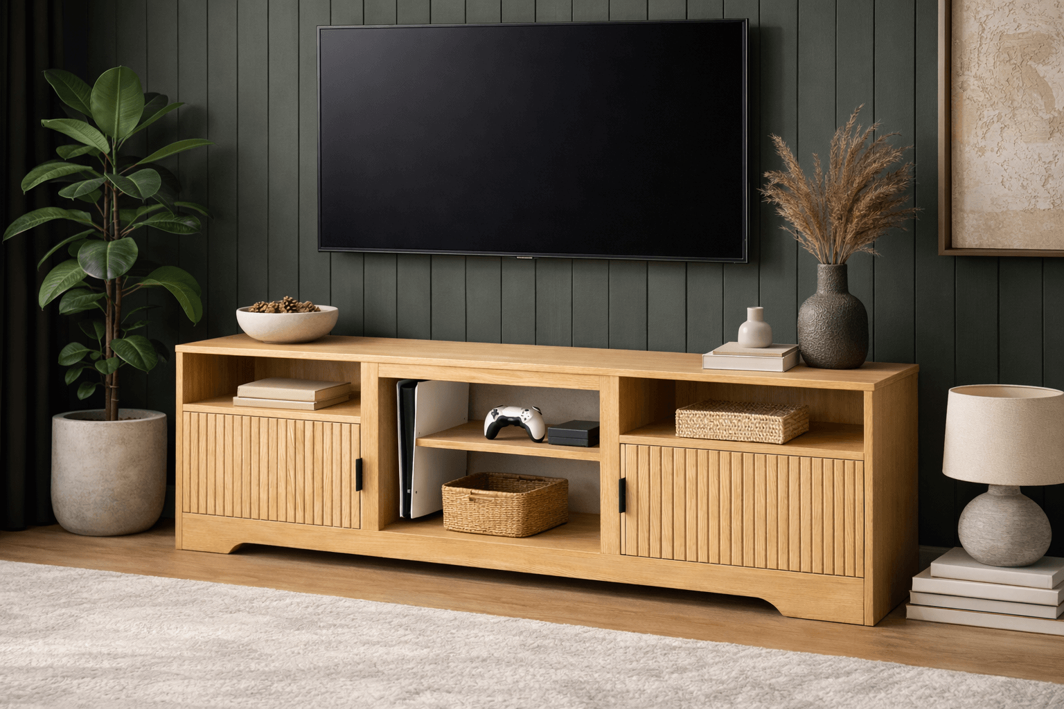 Rack TV Grande 140x30x52 cm Madera Clara Compartimentos Abiertos-3