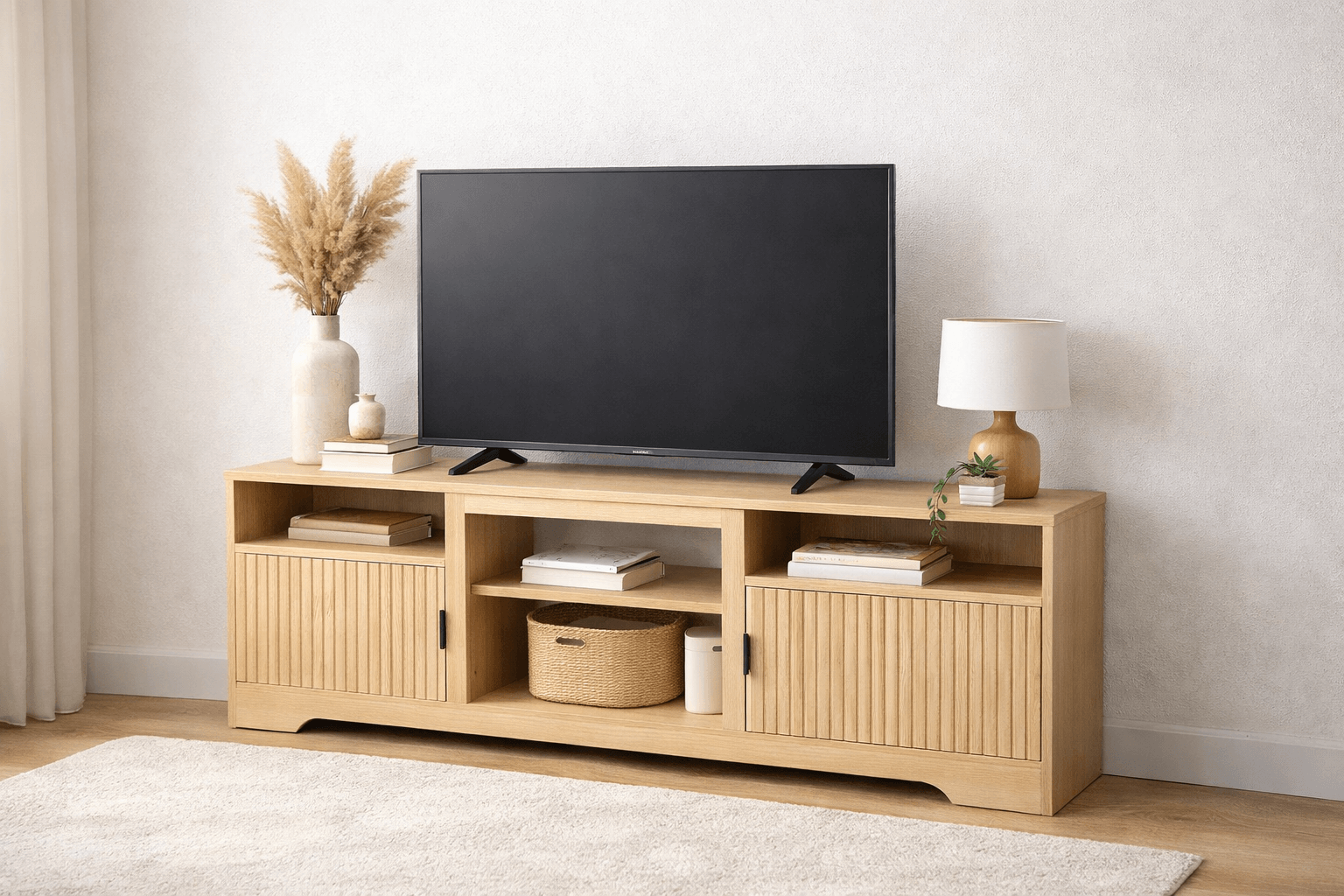 Rack TV Grande 140x30x52 cm Madera Clara Compartimentos Abiertos-4