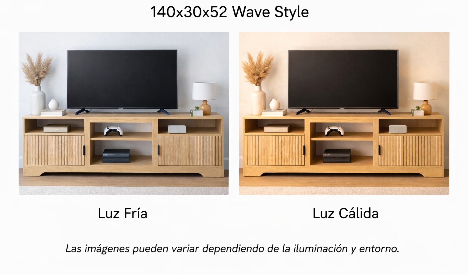 Rack TV Grande 140x30x52 cm Madera Clara Compartimentos Abiertos-7