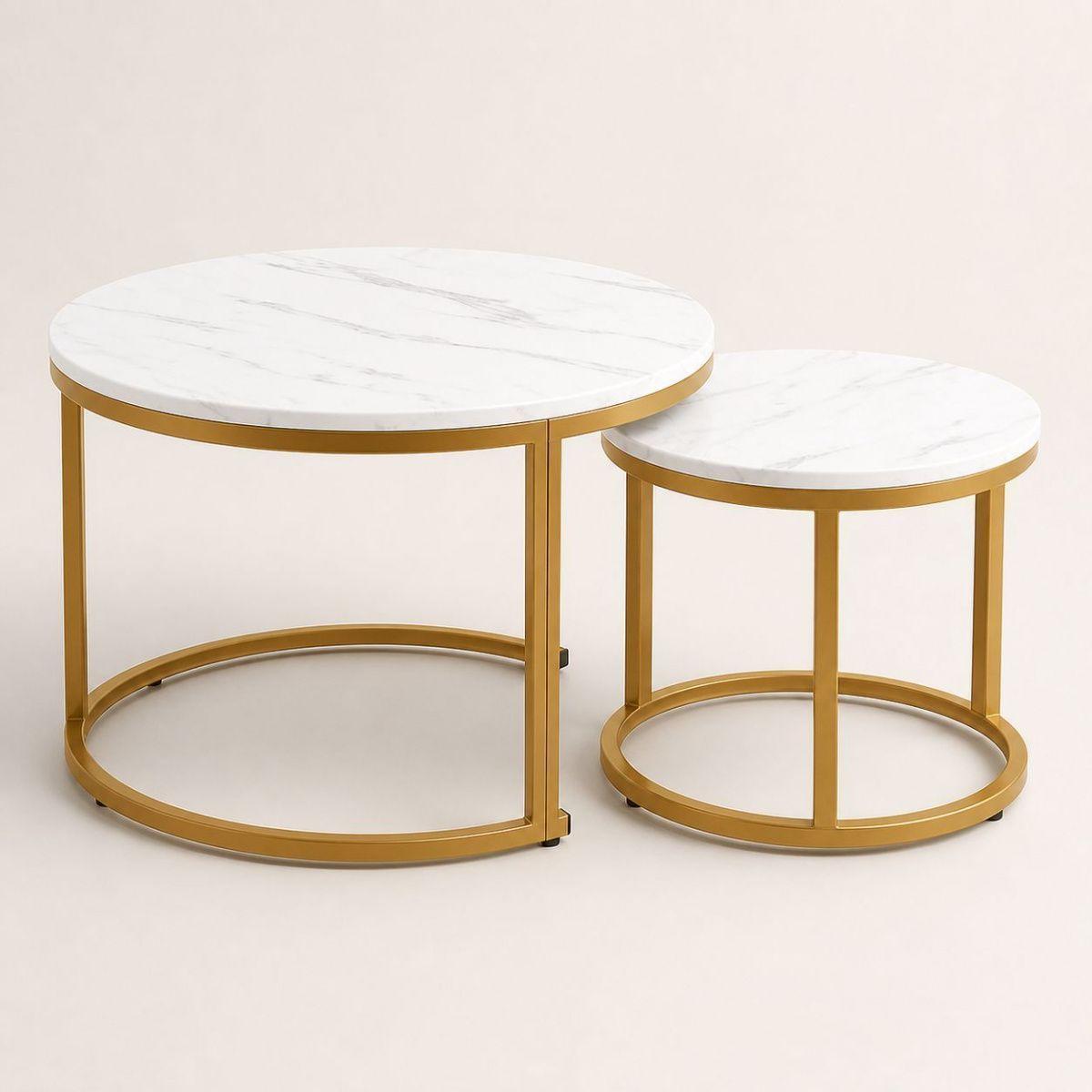 Mesa De Centro Dúo Blanca Y Dorada 2 Niveles Estilo Moderno-2