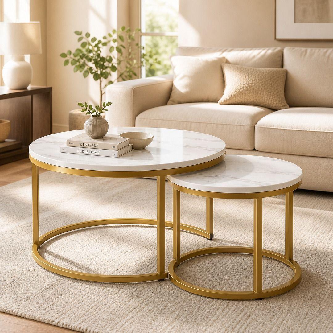 Mesa De Centro Dúo Blanca Y Dorada 2 Niveles Estilo Moderno-4