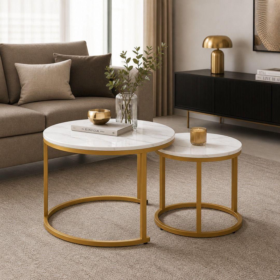 Mesa De Centro Dúo Blanca Y Dorada 2 Niveles Estilo Moderno-5
