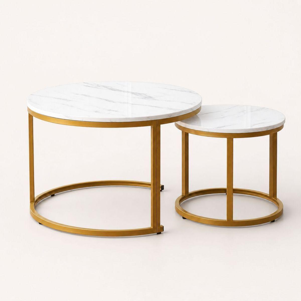 Mesa De Centro Dúo Blanca Y Dorada 2 Niveles Estilo Moderno-6