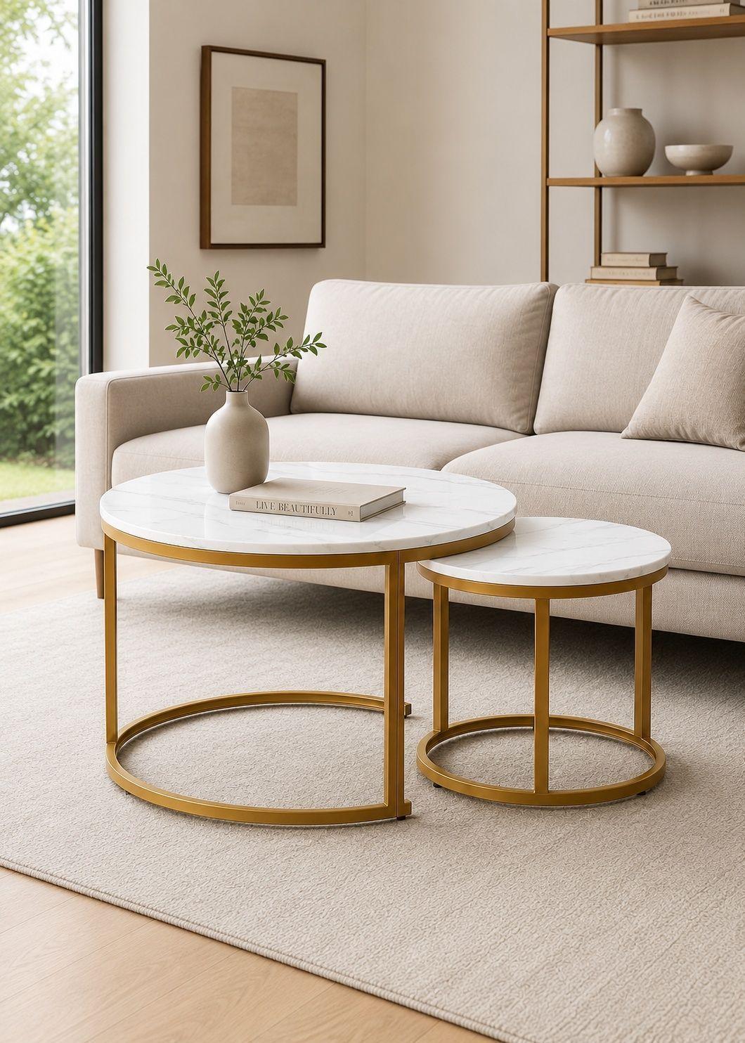 Mesa De Centro Dúo Blanca Y Dorada 2 Niveles Estilo Moderno-7