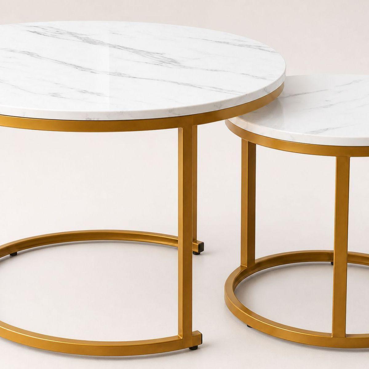 Mesa De Centro Dúo Blanca Y Dorada 2 Niveles Estilo Moderno-8