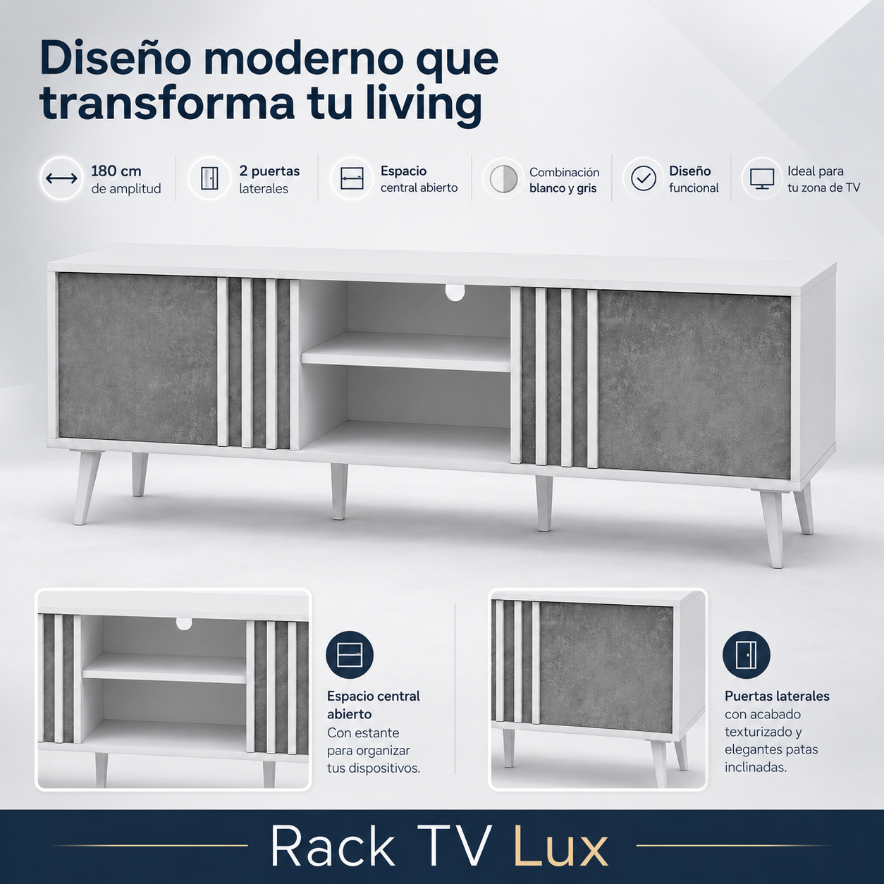 Rack para Televisor Lux 180 cm Blanco y Gris Estilo Moderno-6