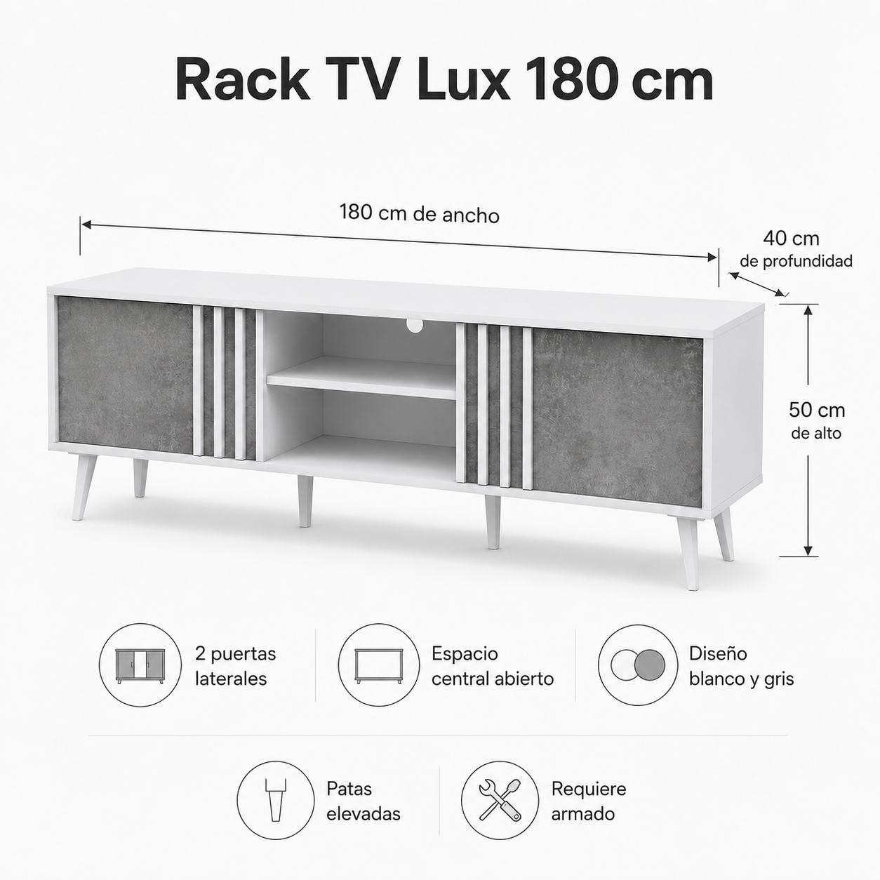 Rack para Televisor Lux 180 cm Blanco y Gris Estilo Moderno-7