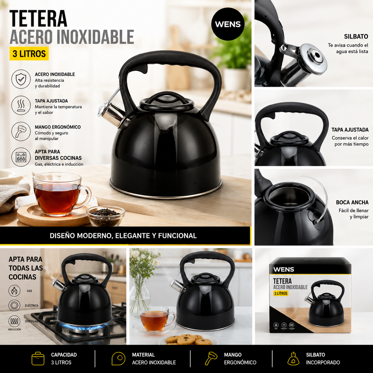 Tetera Acero Inoxidable Negra 3L Selene Wens-2