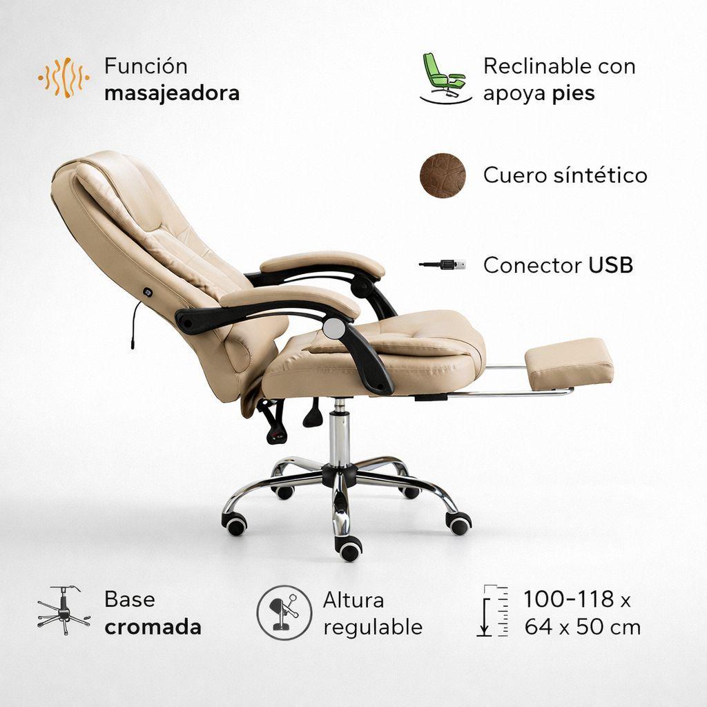 Silla Ejecutiva Masajeadora Beige Reclinable Con Apoya Pies-6