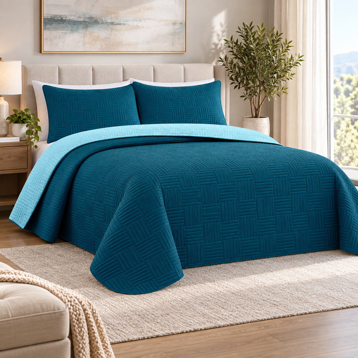 Cubrecama Verano Quilt Bi-Color Trama Turquesa King 250x240 Cm Reversible 2 Fundas-1