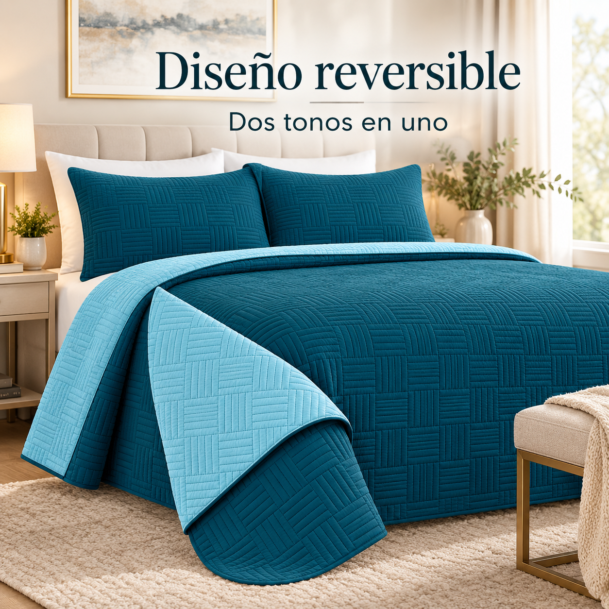 Cubrecama Verano Quilt Bi-Color Trama Turquesa King 250x240 Cm Reversible 2 Fundas-2