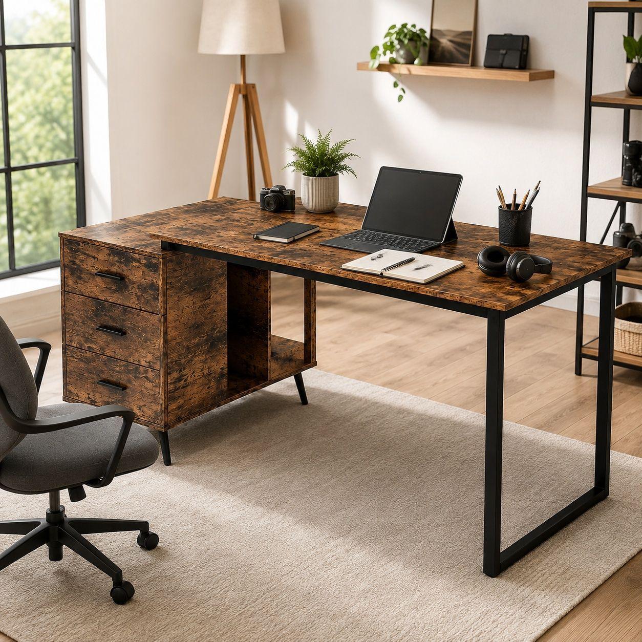 Escritorio Atlas Blackwood 140 cm con Cajones y Patas Metal y Estructura Reforzada-1