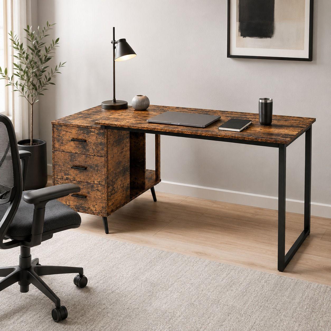 Escritorio Atlas Blackwood 140 cm con Cajones y Patas Metal y Estructura Reforzada-2