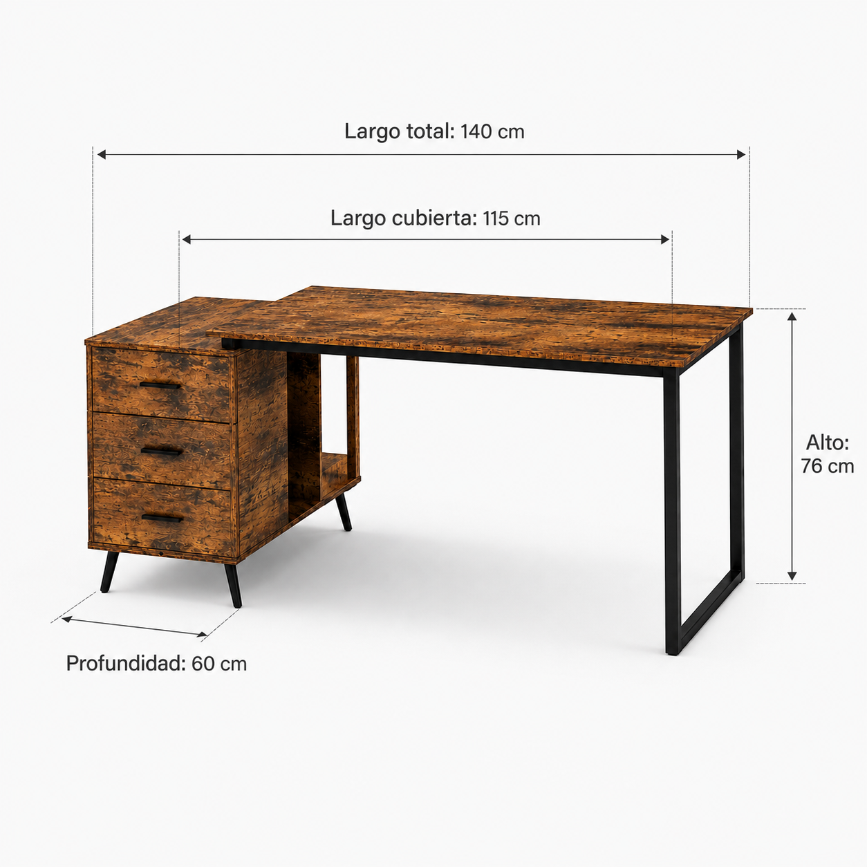 Escritorio Atlas Blackwood 140 cm con Cajones y Patas Metal y Estructura Reforzada-6