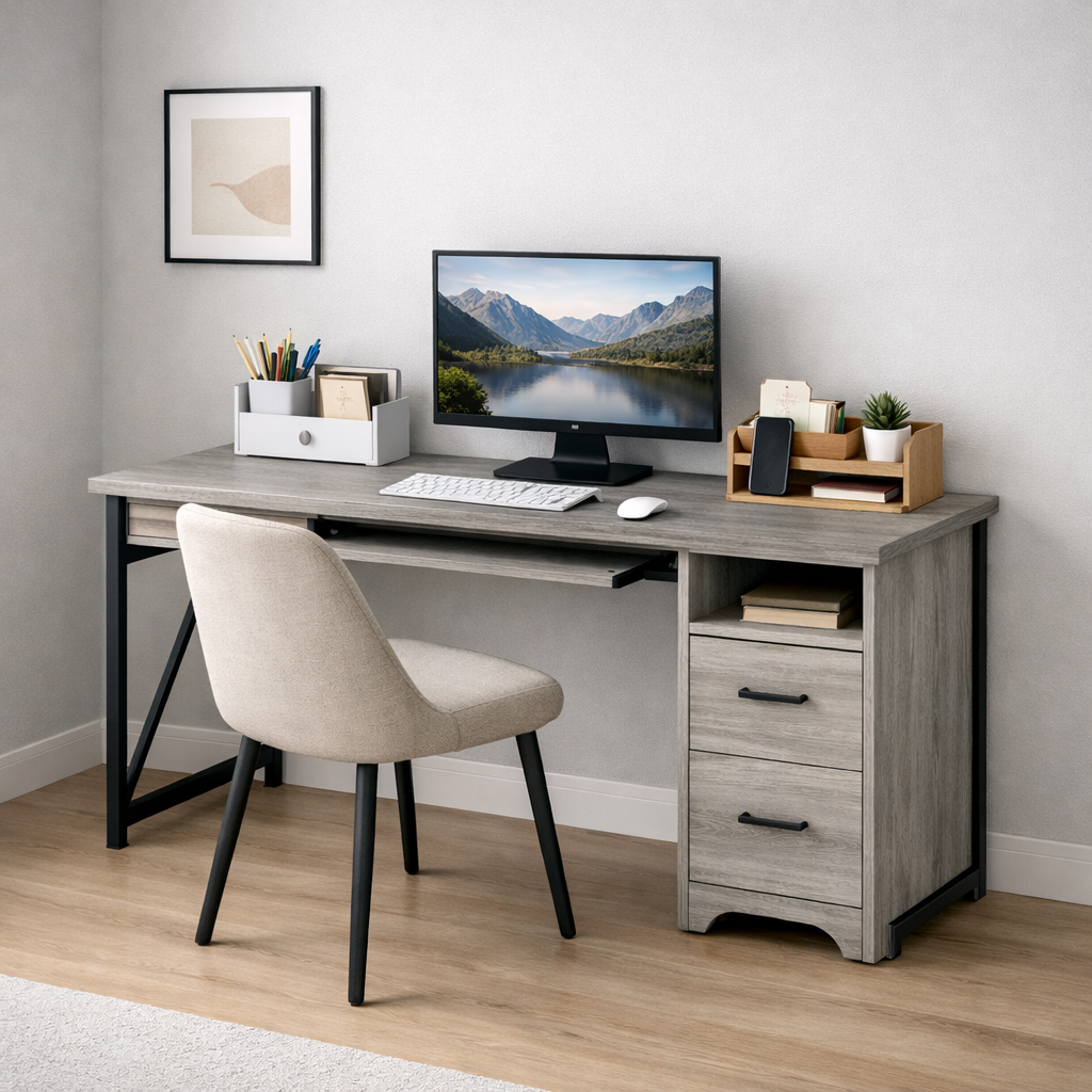 Escritorio Moderno 120x45x76 cm Gris Madera Estilo Industrial-3