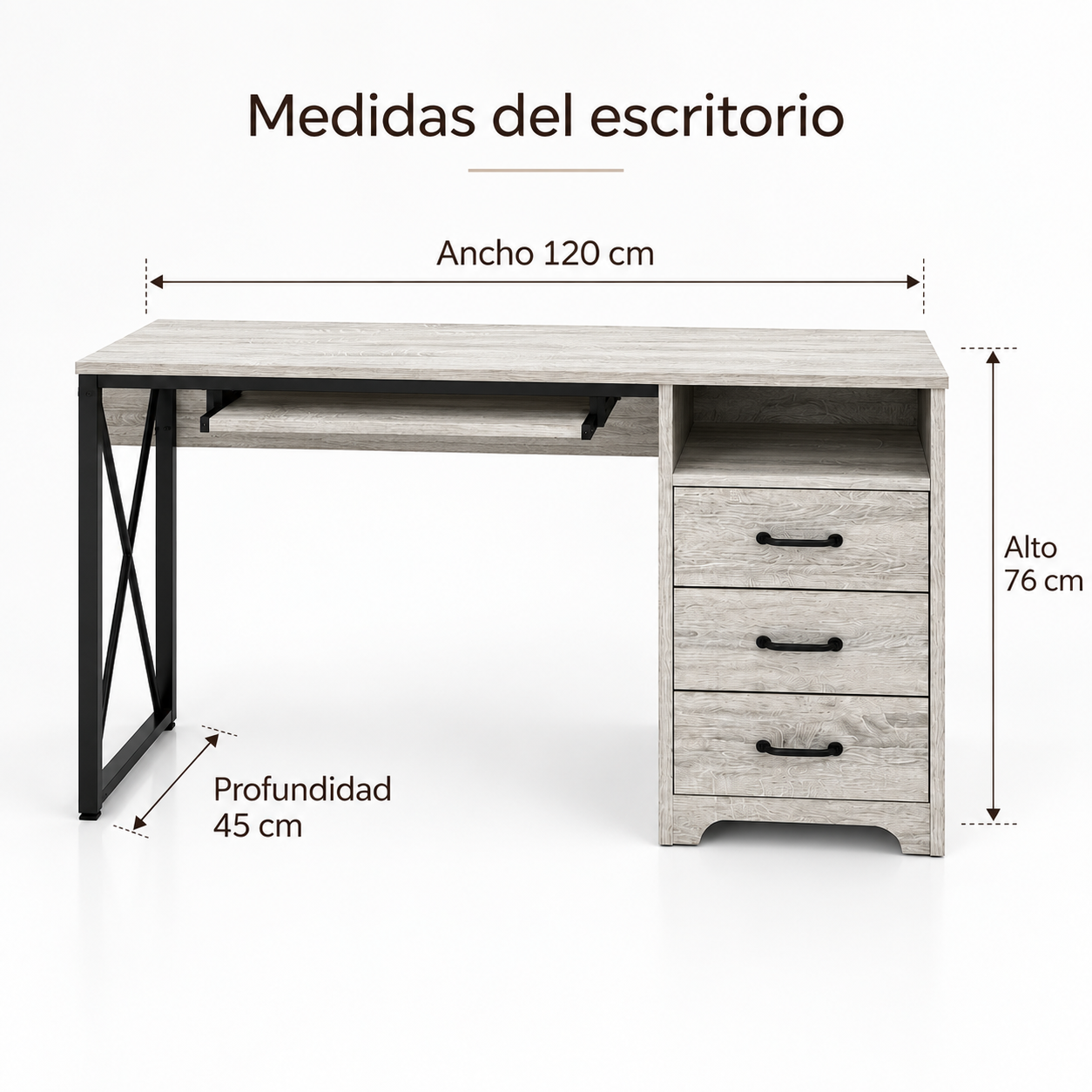 Escritorio Moderno 120x45x76 cm Gris Madera Estilo Industrial-4