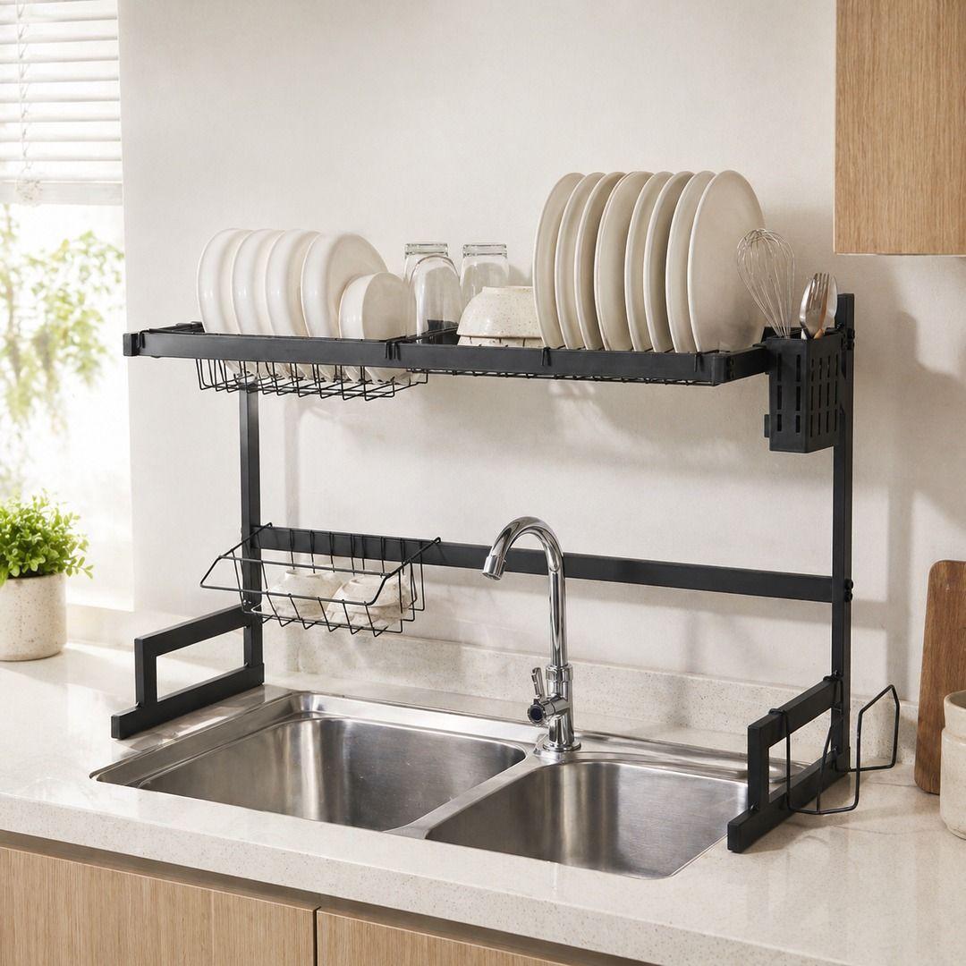 Secaplatos Negro Sobre Lavaplatos Para Cocina Ordenada-0