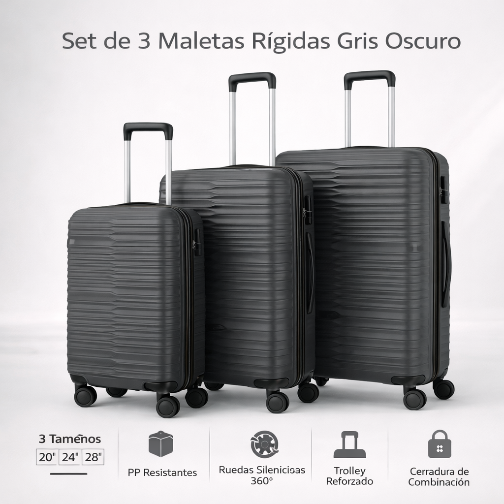 Juego De Maletas Rigidas Duraline Gris 3 Piezas 20 24 28 PP-6