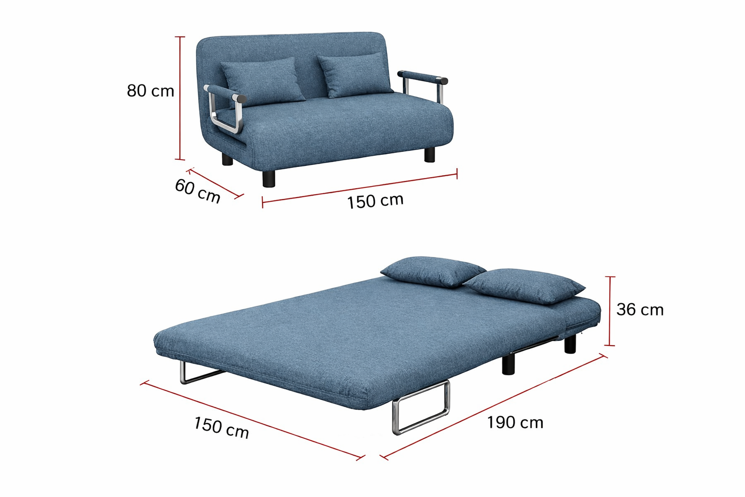 Sofá Cama Extensible 2 Plazas Azul con Apoyabrazos 190x150-2