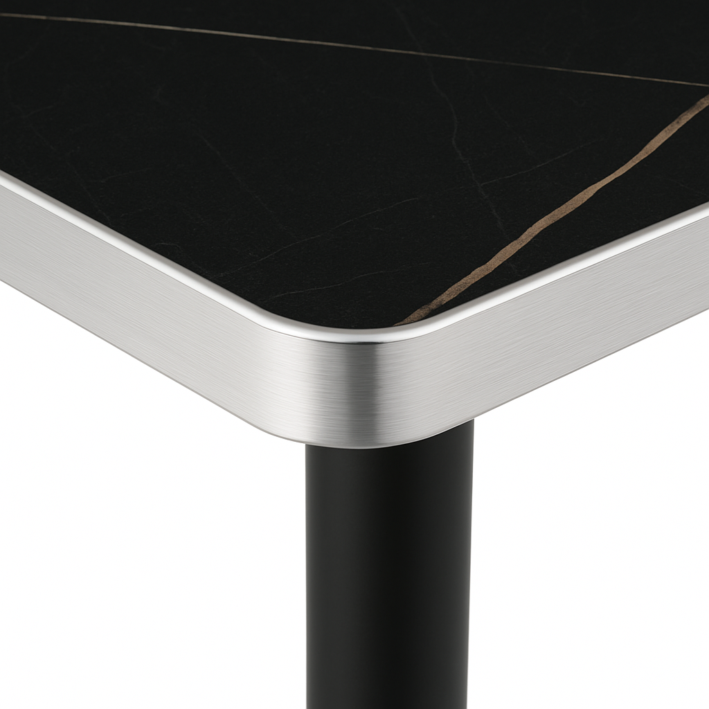 Mesa Negra 70×70 Moderna para Comedor o Bar con Tapa MDF y Base de Acero Plateado-3