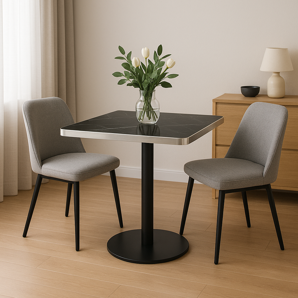 Mesa Negra 70×70 Moderna para Comedor o Bar con Tapa MDF y Base de Acero Plateado-4