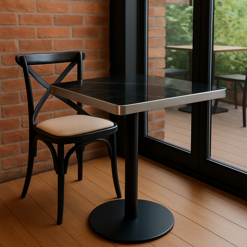 Mesa Negra 70×70 Moderna para Comedor o Bar con Tapa MDF y Base de Acero Plateado-5