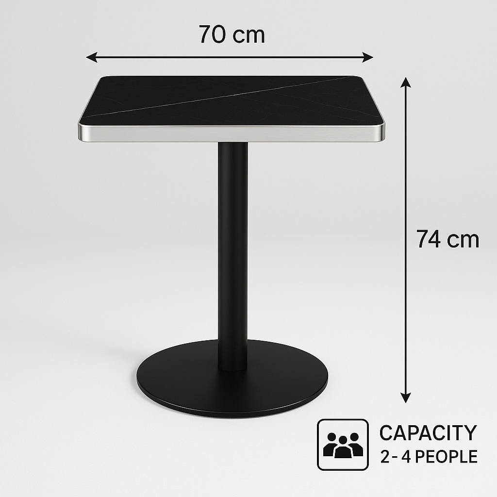 Mesa Negra 70×70 Moderna para Comedor o Bar con Tapa MDF y Base de Acero Plateado-6