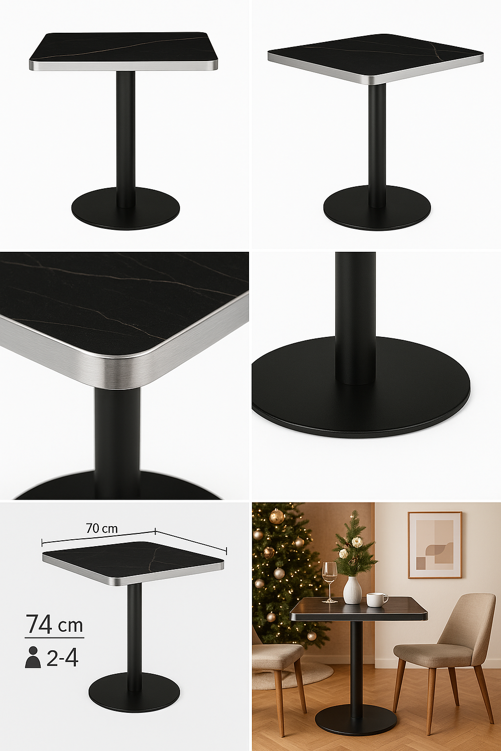 Mesa Negra 70×70 Moderna para Comedor o Bar con Tapa MDF y Base de Acero Plateado-7