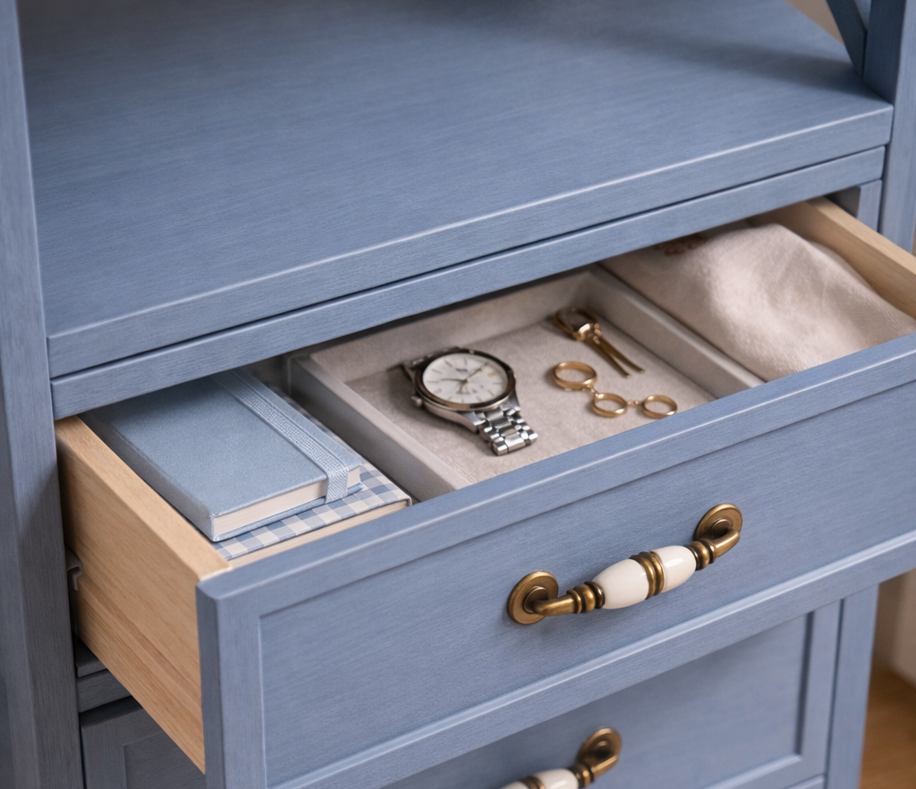 Velador Organizador Azul de Madera con Estante-3