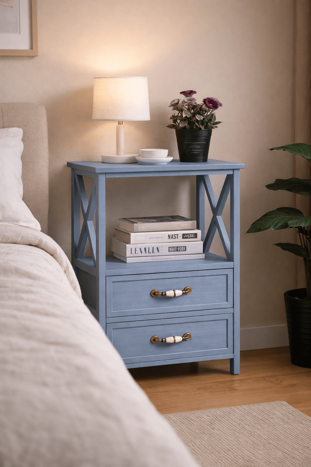 Velador Organizador Azul de Madera con Estante-4